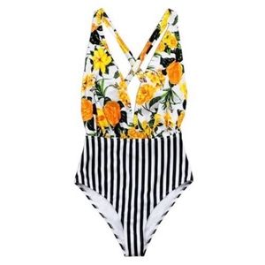 CUPSHE Yellow Floral And Black Stripe One-Piece